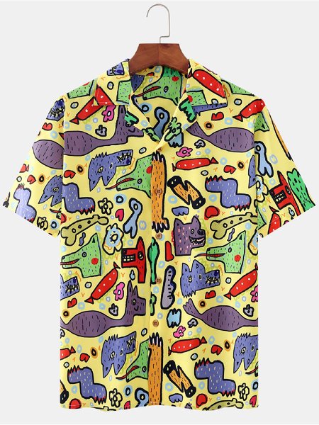 

Mens Cotton Funny Abstract Cartoon Loose Thin Short Sleeve Shirts, Yellow, Men's Floral shirt