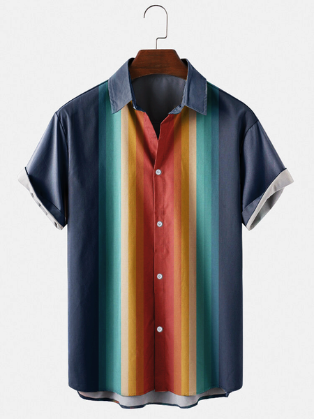 

Striped Stand Collar Shirts & Tops, Navy blue, Men's Floral shirt