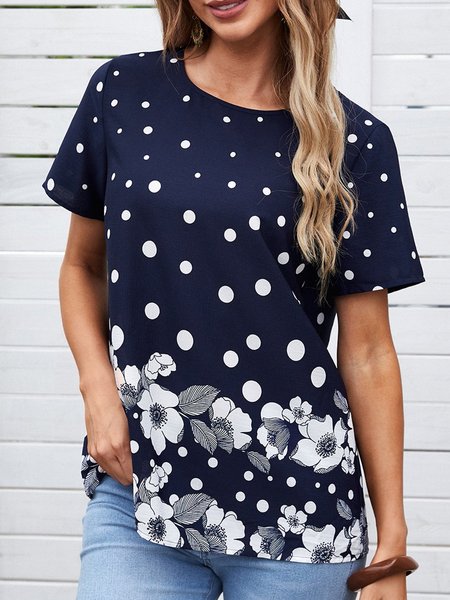 

Casual Crew Neck Cotton-Blend Printed Shirts & Tops, Navy blue, T-Shirts