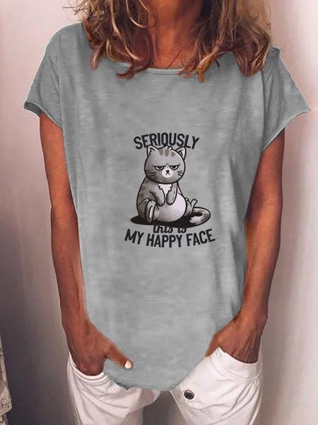 

Serious Cat Short Sleeve Crew Neck Shirts & Tops, Gray, T-shirts