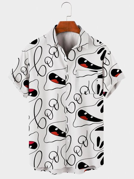 

Mens Little Devil Print Casual Lapel Pocket Short Sleeve Hawaiian Shirts, White, Men's Floral shirt