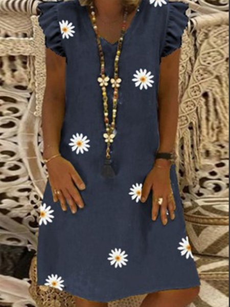

Vintage Margherita Stampata Floreale Manica a Volant Scollo a V taglia grande Gonna Casuale, Navy blu, Midi Dresses