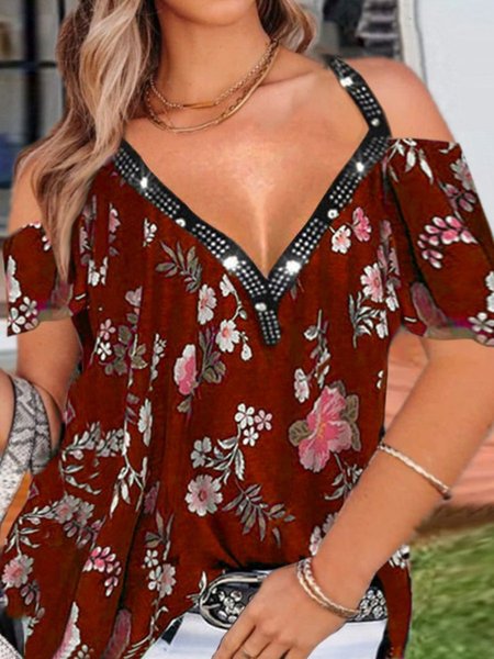

floral casual shift short sleeve shirts & tops, Wine red, T-Shirts