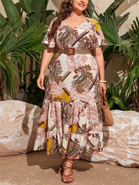

A-Line Ethnic V Neck Holiday Dresses, White, Floral Dresses