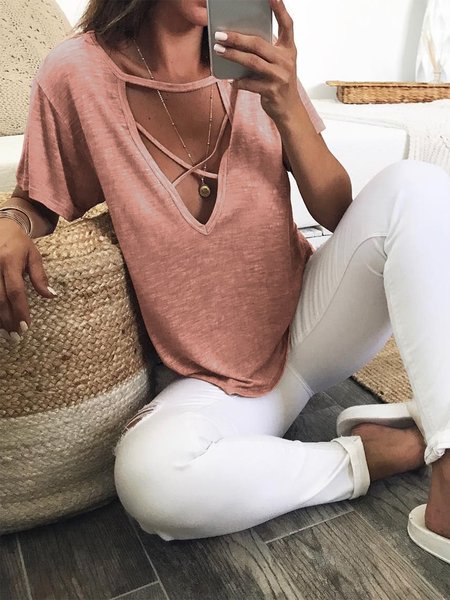 

Vintage Solido Maniche Corte incavato Scollo a V Casuale Top, Rosa, Blouses & Shirts