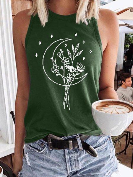 

Funny Moon And Floral Print Women's Sleeveless Shirt, Dark green, Tank Tops