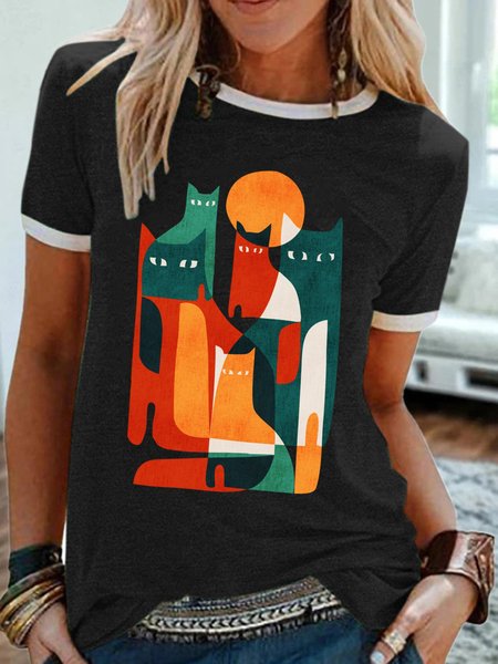 

Abstract print Cat Crew Neck Short Sleeve Shirts & Tops, Black, T-shirts