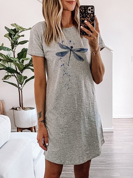 

dragonfly Crew Neck Cotton-Blend Short Sleeve Dresses, Gray, Casual Dress