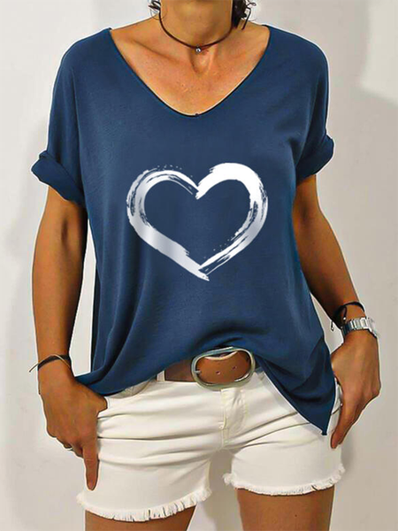 

Misto Cotone Stampato Scollo a V Casuale Top, Blu, Blouses & Shirts