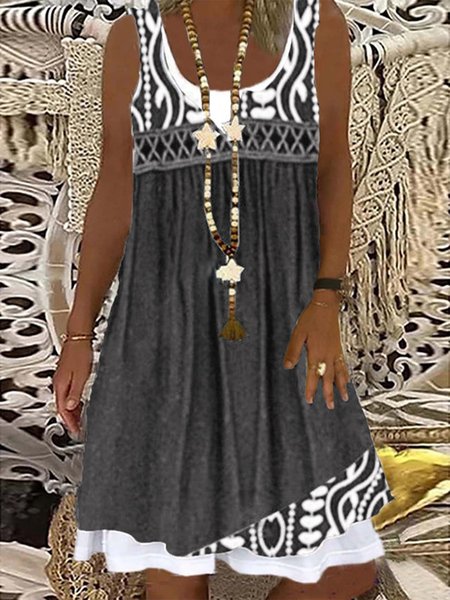 

Vintage Geometrico Stampato Panelled senza maniche U Collo taglia grande Gonna Casuale, Grigio, Dresses