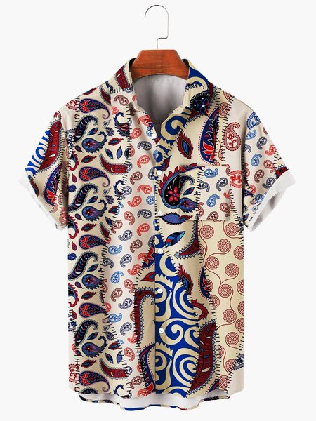 

Mens Patchwork Paisley Print Casual Lapel Pocket Short Sleeve Hawaiian Shirts, Khaki, Men's Floral shirt