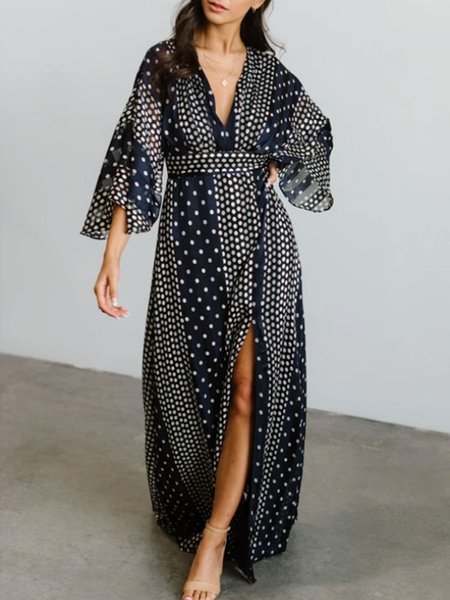 

Holiday V Neck Polka Dots Dress, As picture, Maxi Dresses