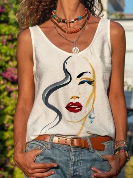 

Sleeveless Abstract Casual Crew Neck Shirts & Tops, White, Tops