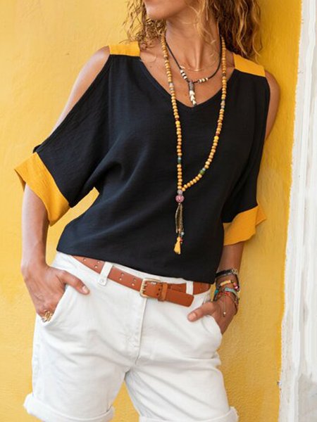 

Color-Block Casual Cold Shoulder T-shirt, Black, T-Shirts