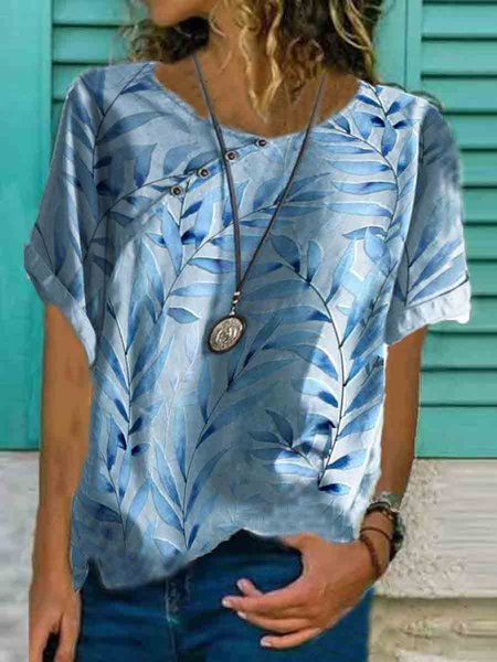 

Casual Plants Buttoned Vintage Short Sleeve Shirts & Tops, Blue, Blouses & Shirts