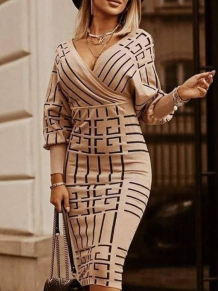 

Lady V neck Long Sleeve Daily Midi Dress, Khaki, Midi Dresses
