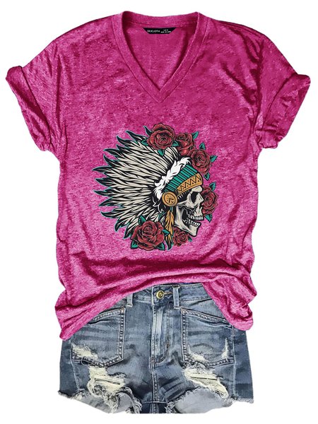 Wild West Indian Skull Chief With Roses Graphic Tee, Rose red, T-shirts