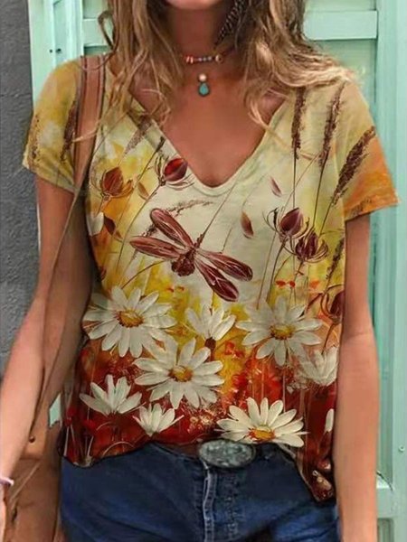 

Short Sleeve V Neck Casual Shirts & Tops, Yellow, T-Shirts