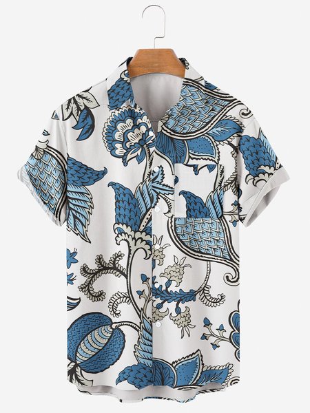 

Mens Vintage Floral Print Casual Lapel Pocket Short Sleeve Hawaiian Shirts, White, Men's Floral shirt
