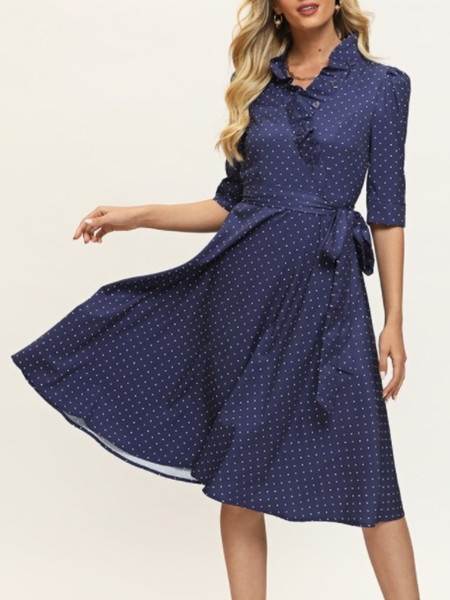 

Work Lady A-Line Ruffled Half Sleeve Dress, Purplish blue, Midi Dresses