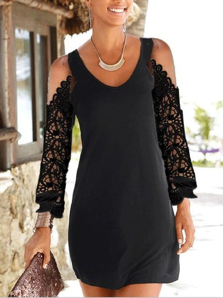 

Casual Solid Crew Neck Dresses, Black, Mini Dresses