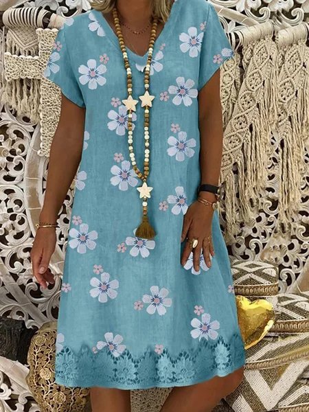 

Cotton-Blend V Neck Floral Casual Dresses, Light blue, Boho dresses