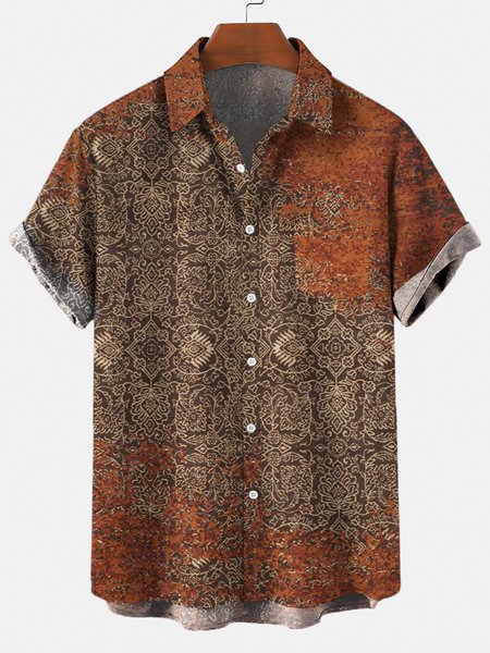 

Men's Vintage Print Pocket Short Sleeve Shirt, Red, Men's Floral shirt