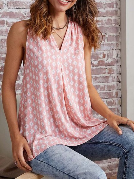 

Sleeveless Cotton-Blend V Neck Shift Vests, Pink, Tanks & Camis