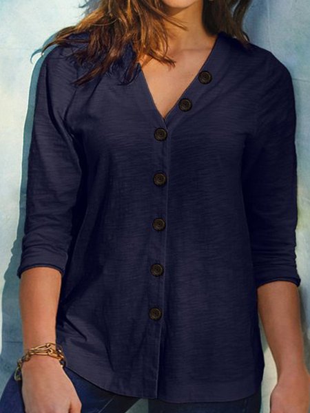 

Shift V Neck Cotton Casual Shirts & Tops, Purplish blue, Long sleeve tops