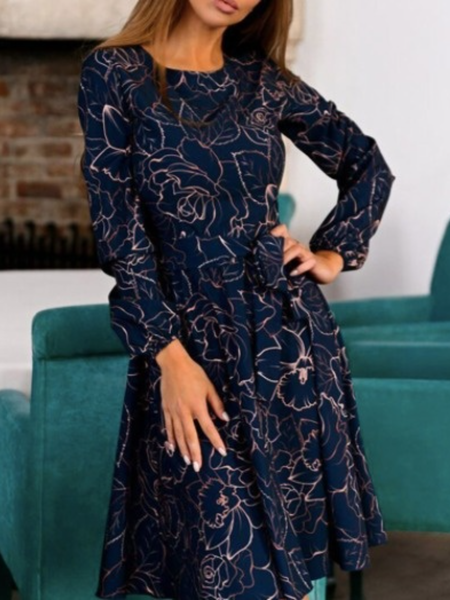 

Daily Long Sleeve Crew Neck A-Line Dress, Purplish blue, Midi Dresses