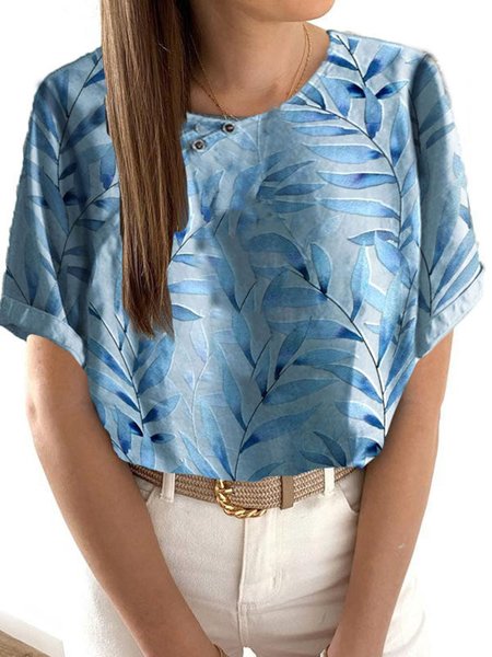 

Casual Plants Buttoned Vintage Short Sleeve Shirts & Tops, Blue, T-Shirts