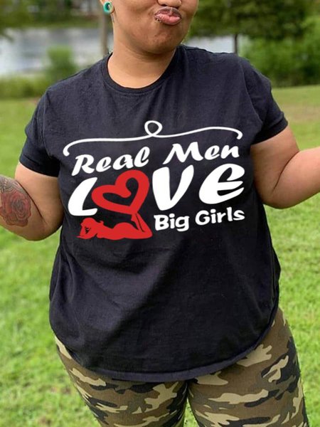 

Plus Size Real Men Love Big Girls Short Sleeve Shirts & Tops, Black, Plus Size T-shirts