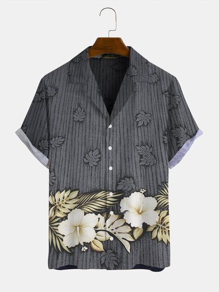 

Mens Floral Stripes Leaf Plant Loose Thin Short Sleeve Shirts, Gray, Men's Floral shirt