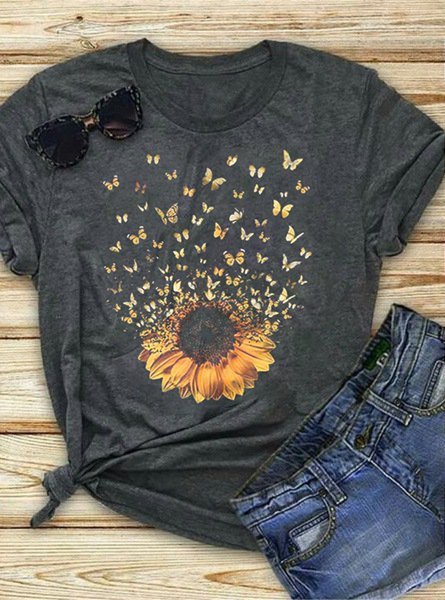 

Basic Short Sleeve Sunflower T-shirt, Deep gray, T-Shirts