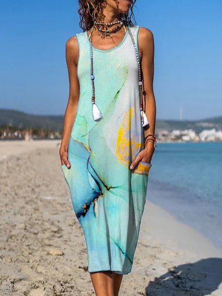 

Crew Neck Sea Holiday Dresses, Blue, Tie dye dress