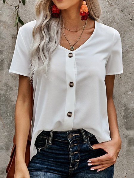 

V Neck Casual Short Sleeve Shirts & Tops, White, Shirts & Blouses