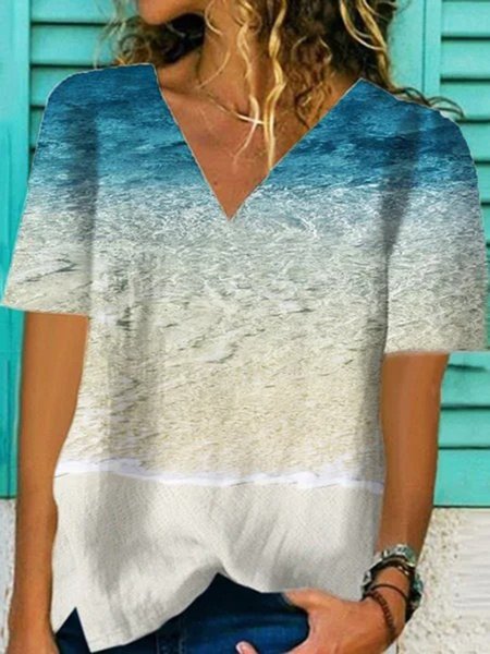 

Beach Holiday Printed Short Sleeve Casual Shift Shirts & Tops, As picture, Tops