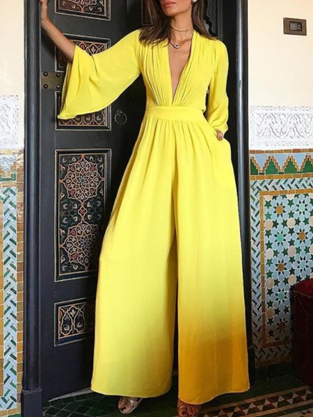 

3/4 Sleeve Solid Shift V Neck One-Piece, Yellow, Jumpsuits