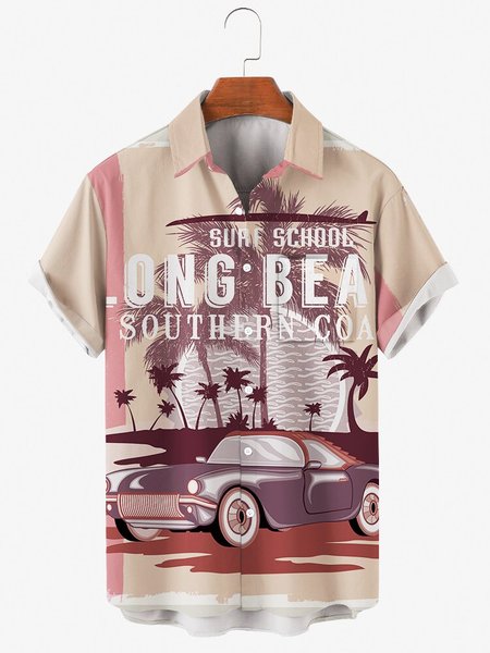 

Mens Retro Painting Print Casual Lapel Pocket Short Sleeve Hawaiian Shirts, Pink, Men's Floral shirt