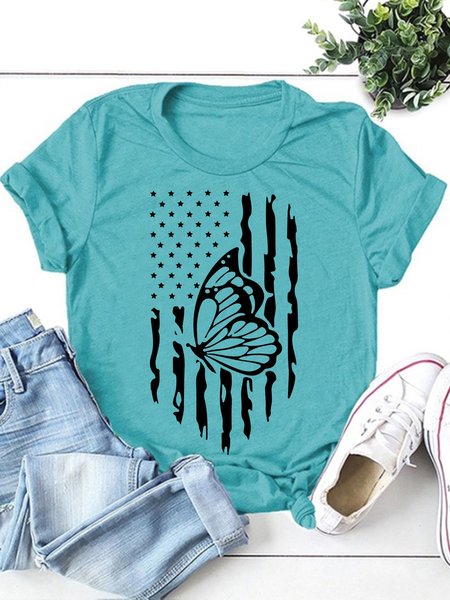 

American Flag And Butterfly Women's T-Shirt, Turquoise, T-shirts