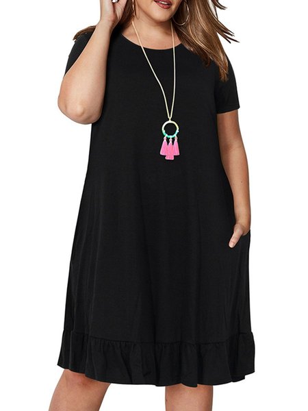 

Crew Neck Basic A-Line Cotton-Blend Dresses, Black, Casual Dresses