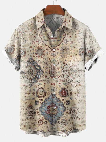 

Men's Vintage Print Pocket Short Sleeve Shirt, Khaki, Men's Floral shirt