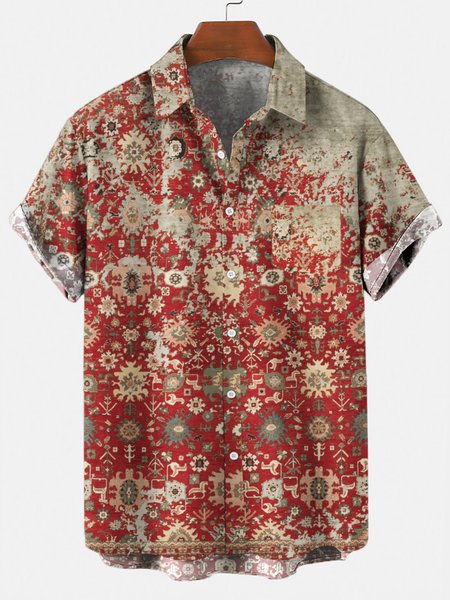 

Men's Vintage Print Short Sleeve Shirt, Red, Men's Floral shirt