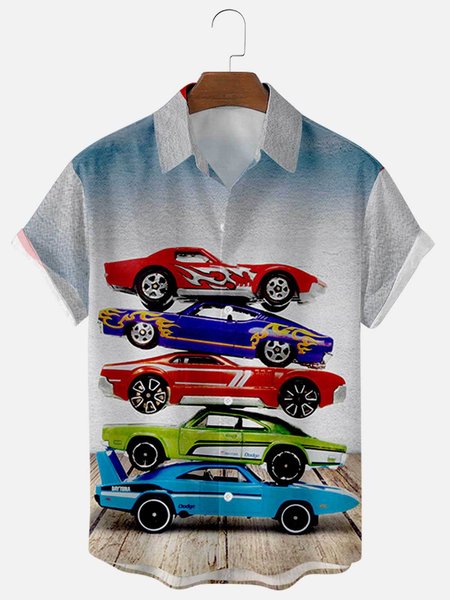 

Mens Vintage Cars Print Casual Lapel Short Sleeve Hawaiian Shirts, Blue, Men's Floral shirt