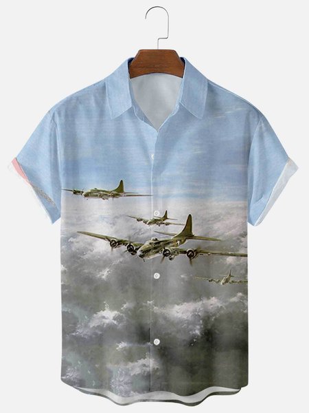 

Mens Plane Print Casual Lapel Short Sleeve Hawaiian Shirts, Blue, Men's Floral shirt