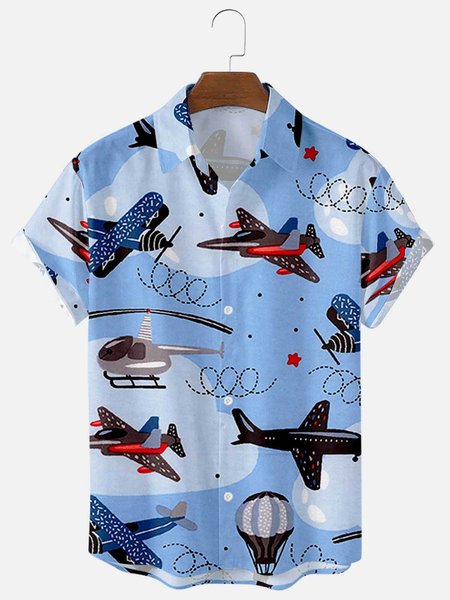 

Mens Plane Print Casual Lapel Short Sleeve Hawaiian Shirts, Blue, Men's Floral shirt