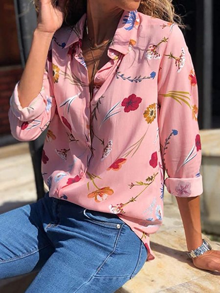 

Pink Plant Floral Pattern Chiffon Shirt, As picture, Blouses