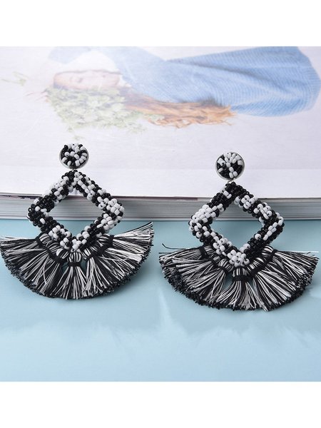

Leisure holiday style tassel beaded earrings, White-black, Earrings