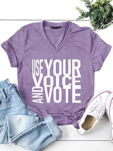 

Use You Voice And Vote V Neck Short Sleeve Casual Shirts & Tops, Purple, T-shirts