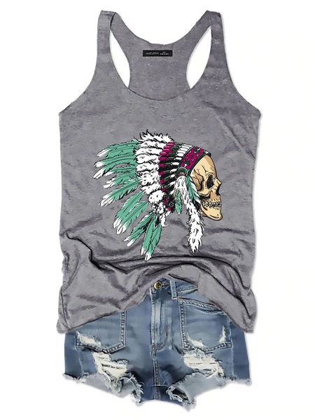 

Skull In Hat With Indian Feathers Graphic Tank Top, Gray, Tank Tops
